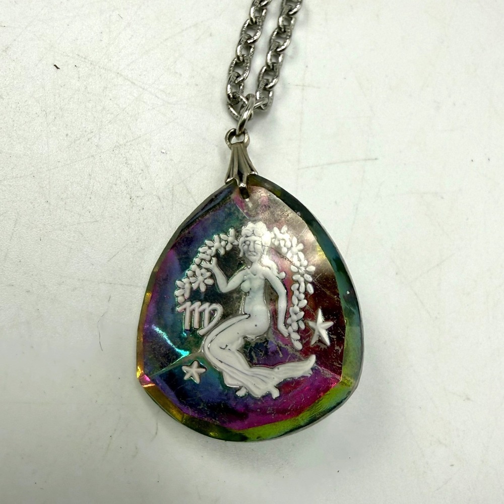 Vintage Virgo Zodiac Iridescent Glass Teardrop‎ Pendant Necklace Silver Tone 18"